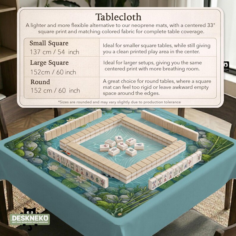 May include: A teal tablecloth featuring a printed pond scene with water, rocks, and bamboo. The image includes a text overlay detailing product specifications for small square, large square, and round sizes, with dimensions listed in inches and centimeters.