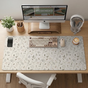 Tappetino da scrivania botanico avorio, tappetino per mouse minimalista di grandi dimensioni, tappetino da scrivania XXL esteso per tastiera e mouse, allestimento ufficio floreale, tappetino da scrivania deskneko immagine 3