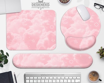 Kawaii Mousepad with Wrist Rest Pink, Pastel Mouse Pad, Cute Clouds moon, Stars Space doodle, keyboard support white, soft desk mat large