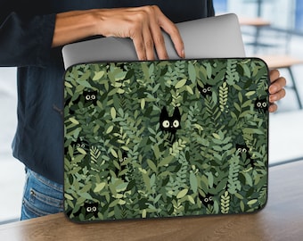 Cute Cat Laptop Sleeve, Green Laptop Bag Green, shoulder tote strap handle, Anime cover for ipad/macbook pro 10 12 13 14 15 15.6 16 17 inch