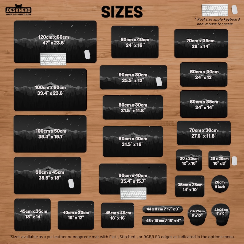 May include: Image showcasing various sizes of black desk mats with a mountain landscape design. Sizes range from 10" x 8" to 47" x 23.5". Includes a real-size keyboard and mouse for scale. The word "SIZES" is at the top.
