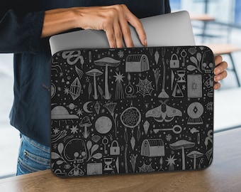 Funda para computadora portátil Black Witchy, linda bolsa para computadora portátil gótica, asa para correa para el hombro, cubierta de calavera de Halloween para ipad/macbook pro 10 13 14 15 15.6 17 pulgadas