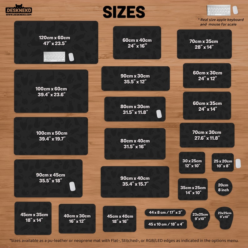 Puede incluir: Se muestran varias alfombrillas de escritorio negras de diferentes tama&ntilde;os, que van desde 120cm x 60cm hasta 20cm x 25cm. Las alfombrillas tienen un patr&oacute;n oscuro. Se incluye un teclado y un rat&oacute;n blancos para la escala. La palabra "SIZES" est&aacute; en la parte superior.