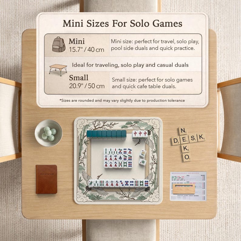May include: A wooden table with a Mahjong set, a small brown book, and a bowl of green spheres. The table also features a sign with the text "Mini Sizes For Solo Games" and measurements in inches and centimeters.