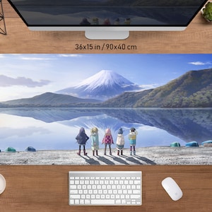 Anime desk mat Japanese mousepad laidback camp, Aesthetic gaming deskmat rgb led, xxl mouse pad, Cute kawaii Mt Fuji mountain landscape yuru