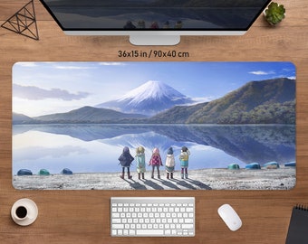 Anime desk mat Japanese mousepad laidback camp, Aesthetic gaming deskmat rgb led, xxl mouse pad, Cute kawaii Mt Fuji mountain landscape yuru