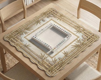 May include: A square wooden table with a Mahjong game set. The table has a bamboo-themed mat with a beige and light brown color scheme. The Mahjong set is white with black characters. The table is surrounded by wooden chairs.