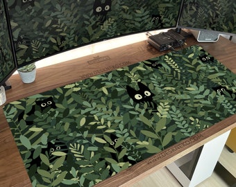 Cats Desk Mat green, Cute Mousepad large, Dark academia aesthetic, Extended keyboard matt, Led mouse pad XL, XXL gaming deskmat gift for
