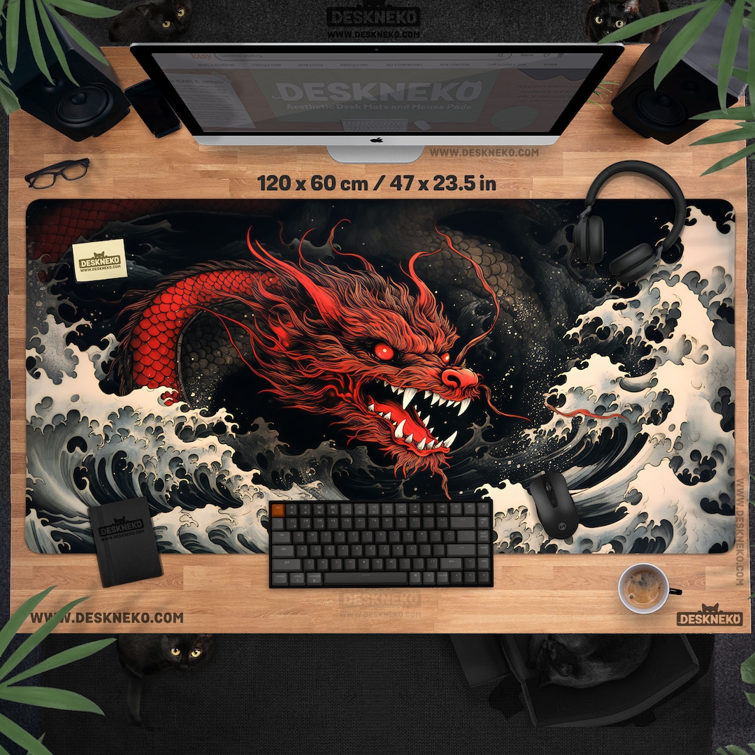 Dragon Ruler Mat Dragon Desk Mat Xxl, Japanese Mouse Pad Xl, Black White & Red Play Mat ...