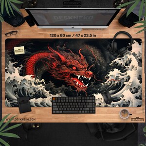 Dragon Desk Mat xxl, Japanese Mouse Pad xl, Black white & red play mat, Large Gaming Mousepad, Extended rgb deskmat, Great wave oriental art
