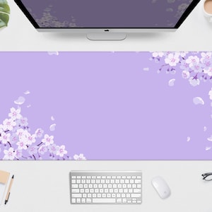 Purple blossom deskmat cute, pastel purple lilac lavender cherry sakura flowers, japanese desk mat, cute mousepad kawaii anime aesthetics