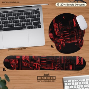 Ergonomic Mouse Pad with Wrist Rest, Black Red Neon Tokyo, Dark Japanese Keyboard Support Desk Mat Mouse Mat, Anime Aesthetic Desk Accessory