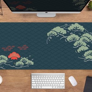 Green Japanese Desk Mat, Sage green Oriental pattern mousepad xl, asia Japan pattern mousepad, extra large gaming mouse pad xxl
