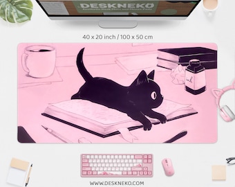 Pink Desk Mat cute cat, Aesthetic mousepad pastel, Kawaii Manga Anime black kitten, Long wide large xxl rgb led gaming deskmat mouse pad