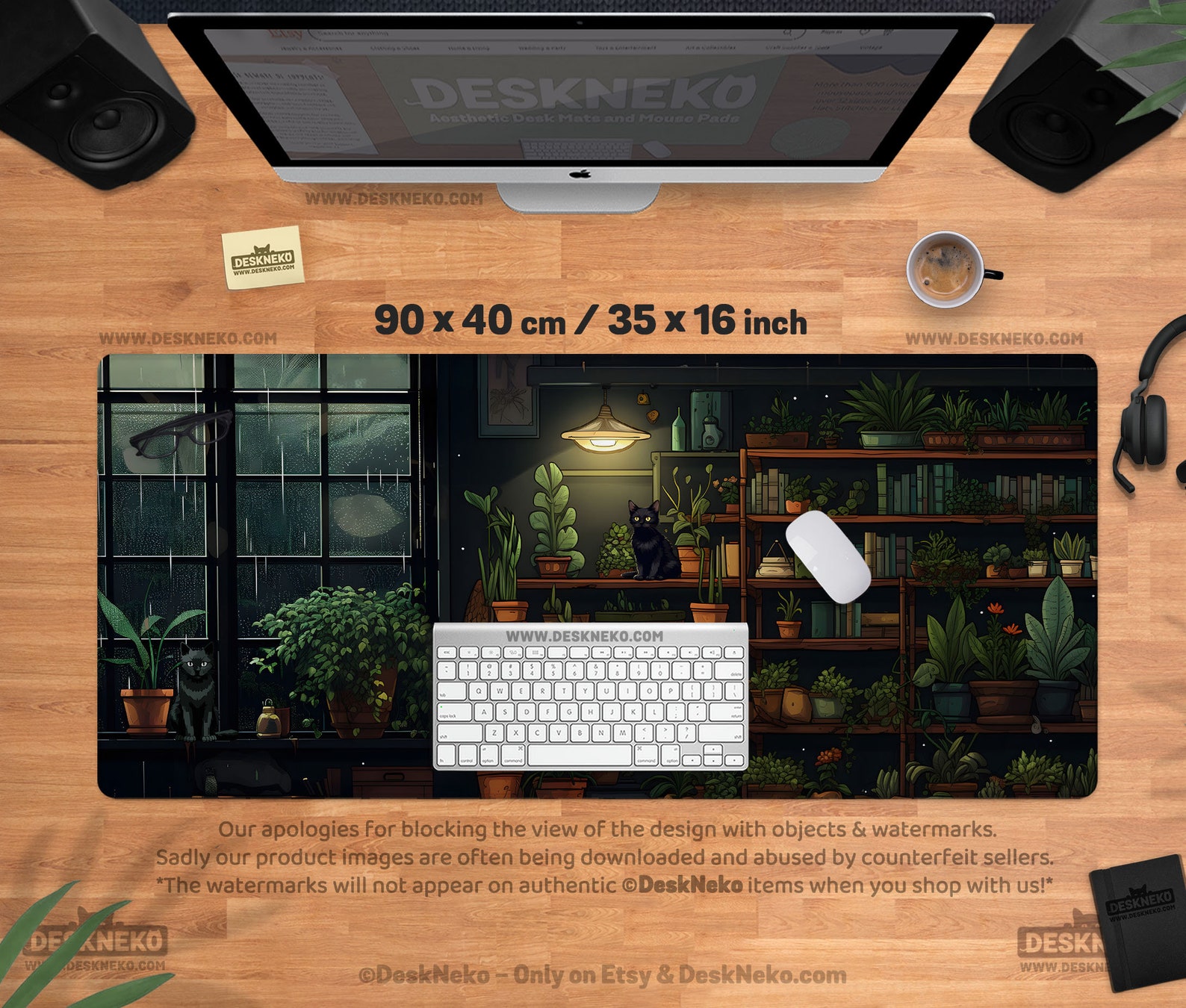 Cozy Desk Mat Mousepad, Large Mouse Pad Lofi Cat Aesthetic, Dark Green ...