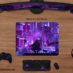 May include: A rectangular mouse pad with a futuristic cityscape design in shades of purple and pink. The mouse pad measures 18x14 inches. The image includes a keyboard, mouse, and controller. The website address deskneko.com is visible.