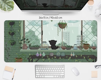 Plant Lover Mousepads, Cute Green Desk Mat Pixel Art, 8bit Anime lofi aesthetic, wrist rest sage aesthetic gaming keyboard mouse pad deskmat