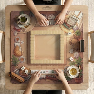 Può includere: Vista dall'alto di una partita di mahjong in corso su un tavolo di legno. Il tavolo presenta un tappetino decorativo con un'illustrazione di una stanza con un gatto, tazze da tè e piante. Il gioco è allestito con tessere e le mani dei giocatori visibili.