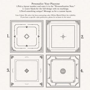 May include: A graphic with four square layout options for personalization. Each square features a unique decorative border and central design element. Text at the top reads "Personalize Your Playzone" and provides instructions for customization.