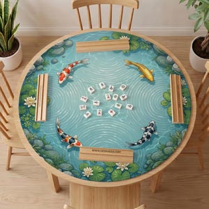 May include: A round mahjong table mat featuring a pond illustration with four koi fish, lily pads, and stones. The mat includes four wooden tile racks and scattered mahjong tiles in the center. The text WWW.DESKNEKO.COM is printed on one rack.