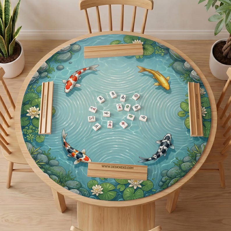 May include: A round mahjong table mat featuring a pond illustration with four koi fish, lily pads, and stones. The mat includes four wooden tile racks and scattered mahjong tiles in the center. The text WWW.DESKNEKO.COM is printed on one rack.