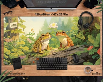 Forest Frogs Desk Mat, Cottagecore Mouse Pad, Green nature art, Large Mousepad led, Anime toad aesthetic deskmat rgb, Cute office decor gift