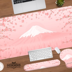 Fuji Desk Mat cute, Japanese Mousepad large, Kawaii deskmat pastel pink, Cherry blossom sakura spring flower, XXL rgb led gaming mouse pad