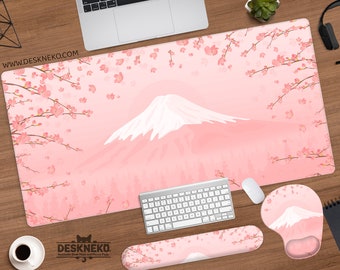 Fuji Desk Mat cute, Japanese Mousepad large, Kawaii deskmat pastel pink, Cherry blossom sakura spring flower, XXL rgb led gaming mouse pad