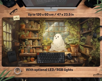 Cute Ghost Desk Mat: green plants Mouse pad xl, witchy Deskmat xxl, cute apothecary cottagecore, spooky halloween playmat, large mousepad