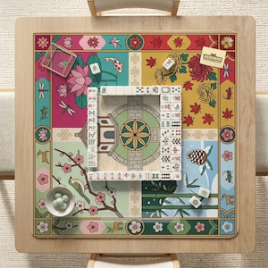 Mahjong Mat, Four Seasons Mahjong Table Mat, Cherry Blossom Bird Lotus Garden Playmat, Travel Game Pad, Asian Decor Gift for Tabletop Games image 12