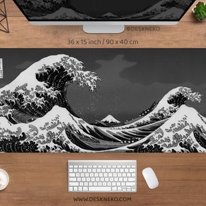 Japanisches Mauspad Great Wave, Schwarzweiß-Gaming Schreibtischmatte RGB LED, Japan ästhetisches graues Mauspad große Handgelenkauflage, XL Tastatur Schreibtischmatte