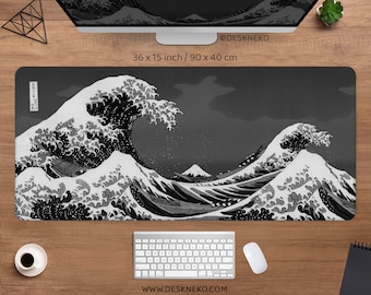 Japanese Mouse Pad Great Wave, Black and White Gaming Desk Mat RGB