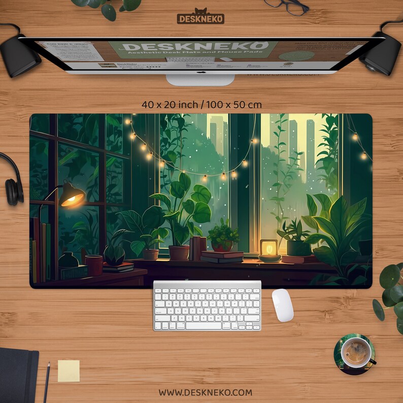 May include: Aesthetic desk mat with a nature scene featuring a window with plants, a desk lamp, and string lights. The mat is 40 x 20 inches. A keyboard and mouse are in the foreground. The brand name is Deskneko.