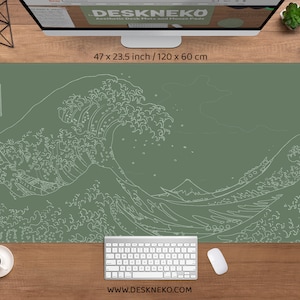 Japanese Great Wave Desk Mat green Mousepad, Hokusai Japan Ukiyo-e edo line art sage aesthetic, Large xxl wide long Gaming Deskmat mouse pad