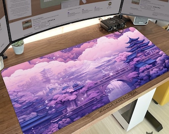 Japanese Desk Mat: Playmat or Mouse pad, Pastel Purple Pink Mousepad led, Anime play mat, XL extended table matt, Magic castle deskmat pad