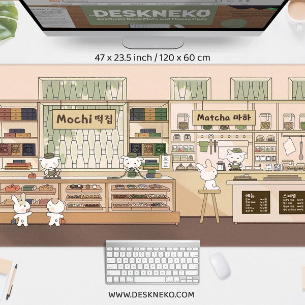 Matcha cafe mousepad, Kawaii desk mat, Cute cat bunny animal bakery, Korean/Japanese anime aesthetic, XXL large beige deskmat mouse pad