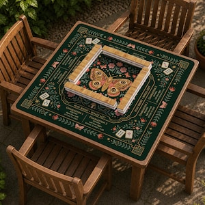 May include: A square dark green mahjong mat featuring a central moth illustration, floral patterns, and printed text including Charleston 1, Charleston 2, and Walls Left. A rectangular arrangement of light-colored mahjong tiles sits in the center.