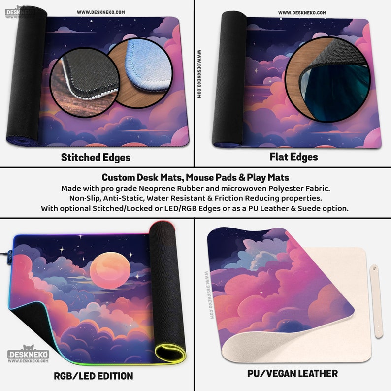 May include: Custom desk mats and mouse pads with a dreamy night sky design. Options include stitched or flat edges, and RGB/LED or PU/Vegan leather finishes. The mats are made with pro-grade materials for non-slip, anti-static, and water-resistant use.