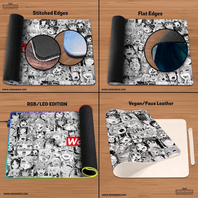 May include: Four different mouse pads are displayed. The mouse pads feature a black and white anime-style design. The top left shows stitched edges, the top right shows flat edges, the bottom left shows an RGB/LED edition, and the bottom right shows a vegan/faux leather option.
