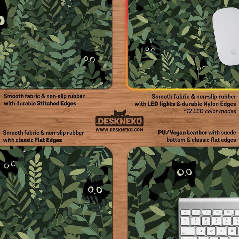 K&ouml;nnte beinhalten: Schreibtischunterlagen mit einem sich wiederholenden Muster aus schwarzen Katzen in gr&uuml;nem Laub. Einige Matten haben gen&auml;hte Kanten, LED-Leuchten und klassische flache Kanten. Der Markenname "DESKNEKO" ist sichtbar.
