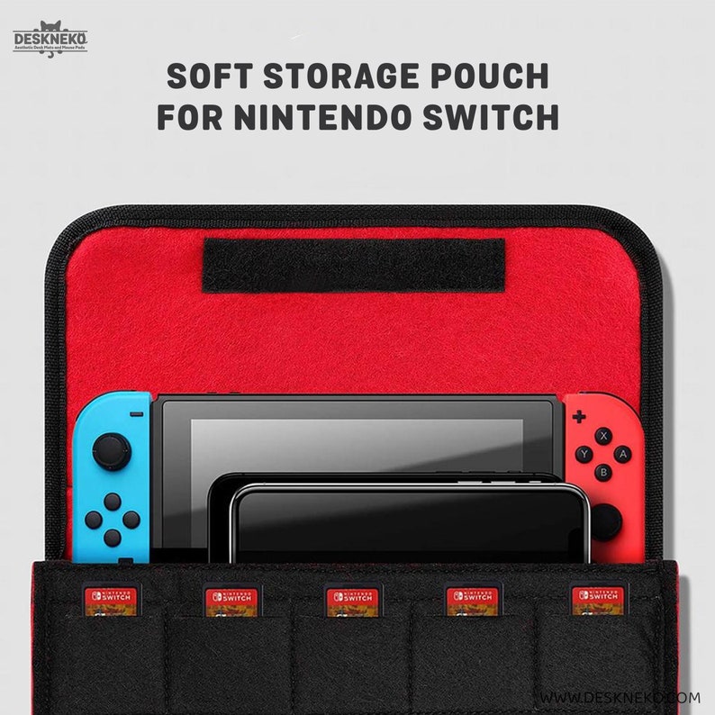 May include: A red and black soft storage pouch for a Nintendo Switch. The pouch contains a black smartphone, a Nintendo Switch console with blue and red controllers, and game cartridges. The text "SOFT STORAGE POUCH FOR NINTENDO SWITCH" is displayed.