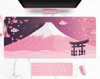 Japanese mousepad, Mount Fuji Sakura Cherry Blossom Aesthetics mouse pad, Kawaii cute pastel pink XXL Gaming desk mat (6 sizes)