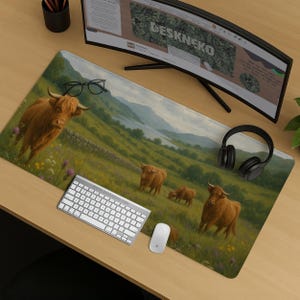 Könnte beinhalten: Rechteckige Schreibtischunterlage mit einer Landschaft mit Highland-Rindern, die auf einer Wiese grasen. Die Matte hat eine grüne und gelbe Farbpalette, mit Tastatur, Maus und Kopfhörern auf dem Schreibtisch.