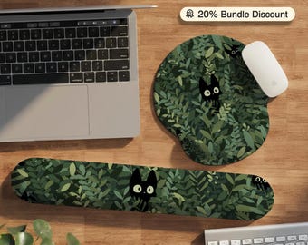 Alfombrilla ergonómica para ratón con diseño de gato botánico y reposamuñecas para un escritorio acogedor. Juego de alfombrillas de ratón con follaje verde estilo cottagecore, ideal como regalo de decoración de oficina.