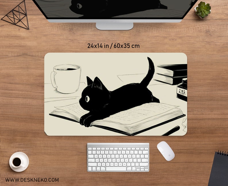 Black Cat desk mat cute mousepad, Anime aesthetic mouse pad, XXL gaming deskmat RGB LED, Coffee beige Kawaii manga, Matt with wrist rest image 4