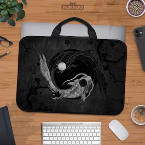 Koi Fish Laptop Sleeve, Black Laptop Bag for men, shoulder strap handle, Japanese cover for ipad/macbook pro 10 12 13 14 15 15.6 16 17 inch