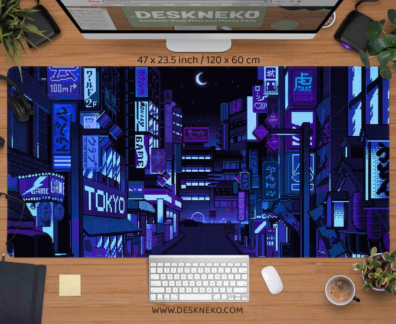 Gaming-skrivbordsmatta blå, stor musmatta rgb, Vaporwave Tokyo city street anime handledsstöd, bred XXL LED-skrivbordsmatta japansk musmatta för spelare 47 x 23.5 (120x60cm) inches