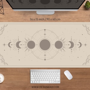 Beige Desk Mat moon phases, Light brown Mousepad boho, Plain sage green neutral simple, large RGB LED Gaming Mouse pad XL aesthetic deskmat