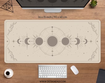 Beige Desk Mat moon phases, Light brown Mousepad boho, Plain sage green neutral simple, large RGB LED Gaming Mouse pad XL aesthetic deskmat