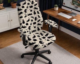Office Chair Covers, Cat Print Desk Chair Slipcover with Armrests, Stretch Washable slipcover, Cute Computer Chair Protector, Office Decor